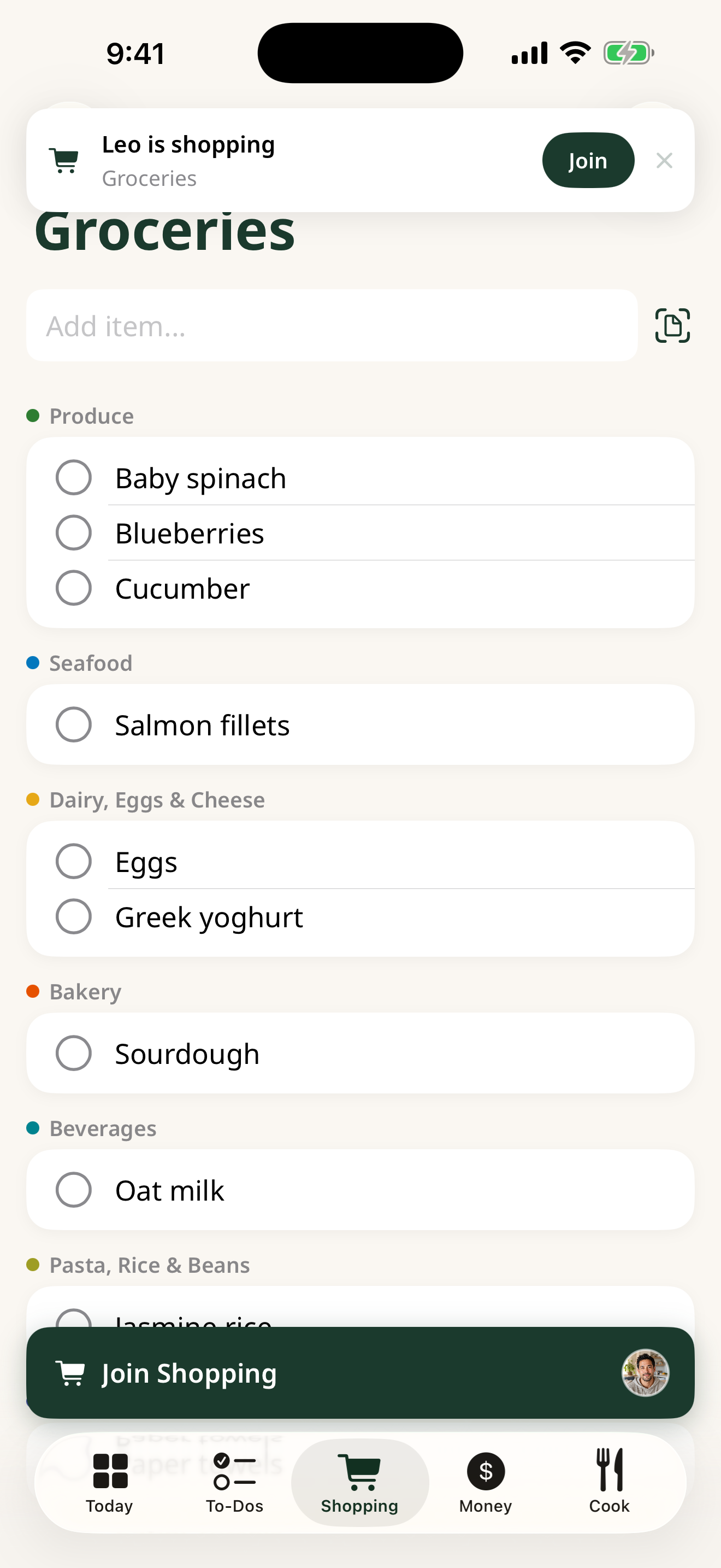 Holty live shopping list screen